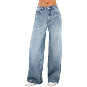 Women's Wide Leg Jeans Vintage Mid Rise Distressed Denim Pants Casual
